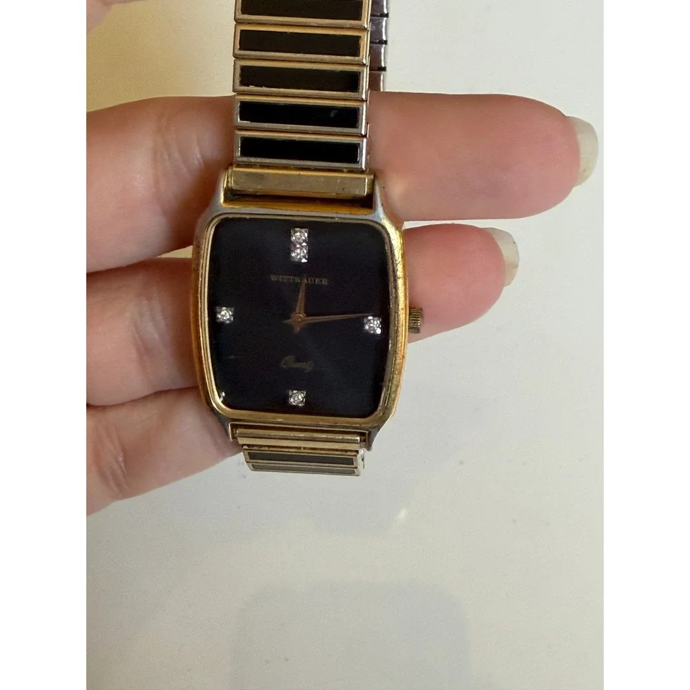 Wittnauer Quartz Watch Mens Black Dial Gold‎ Tone Speidel NOT WORKING  Vintage